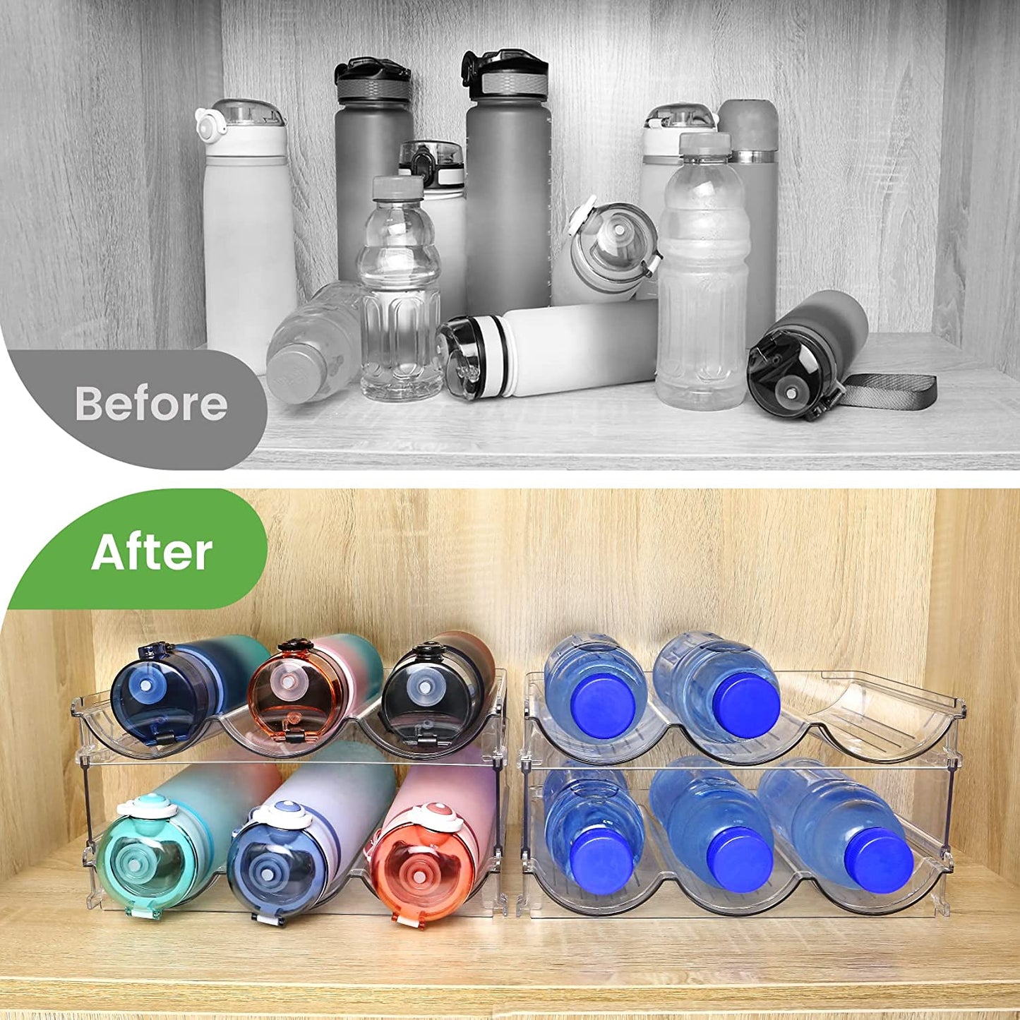 Stackable Water Bottle Organizer - 2 Pack Storage Rack for Cabinets - Efficient Water Bottle Holder