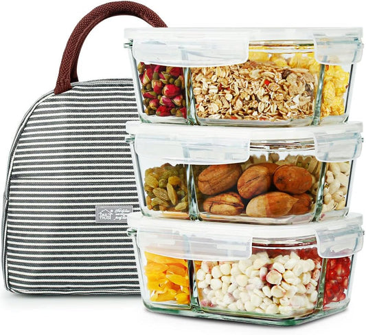 36Oz Glass Bento Box Meal Prep Containers - 3 Pack with 3 Compartments, Oven & Microwave Safe Lunch Boxes with Lids