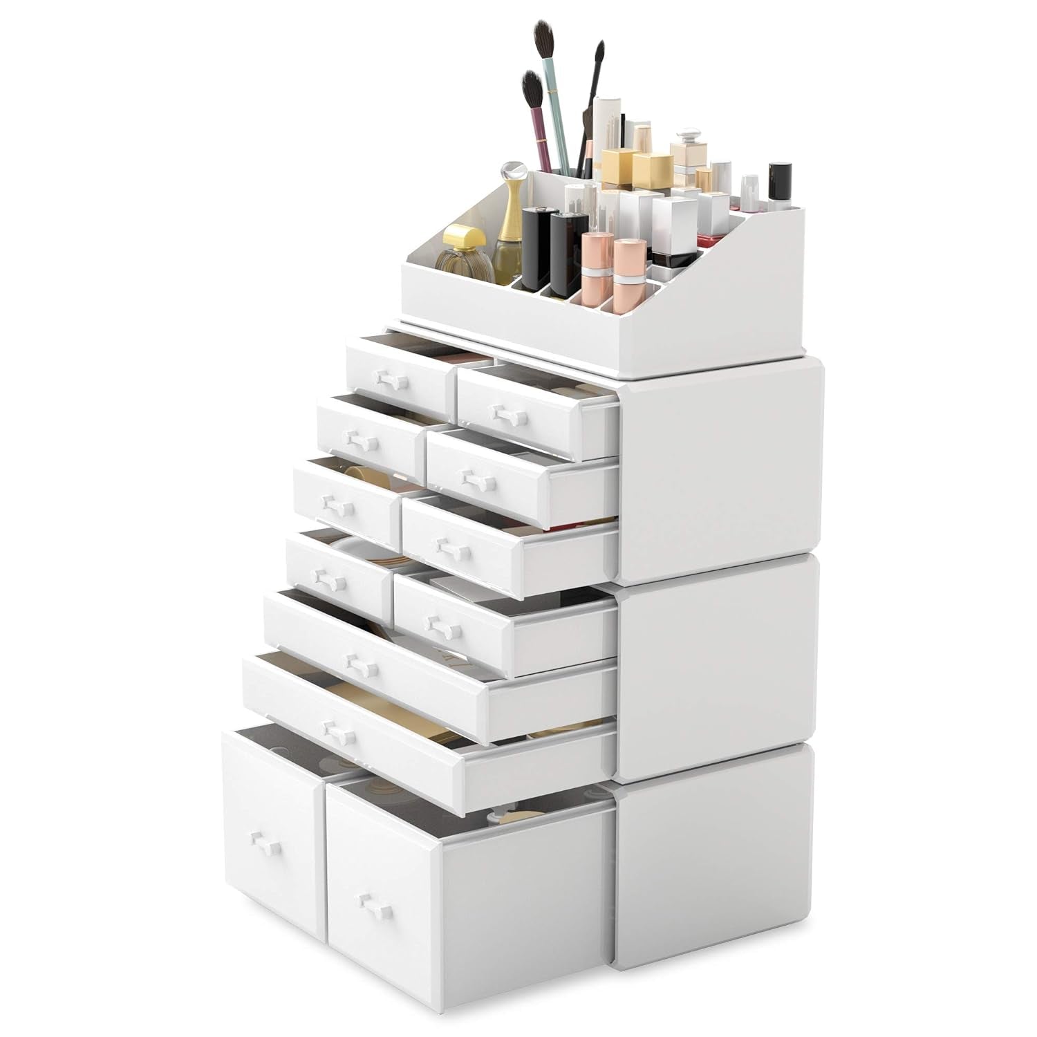 Stylish White Makeup Organizer with 12 Drawers - Perfect for Cosmetics Storage and Display
