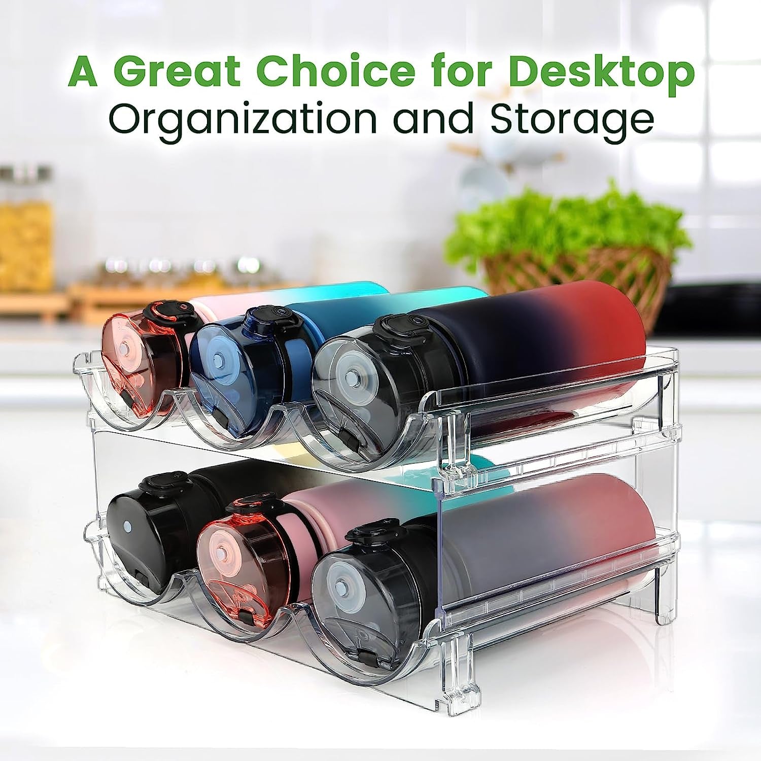 Stackable Water Bottle Organizer - 2 Pack Storage Rack for Cabinets - Efficient Water Bottle Holder