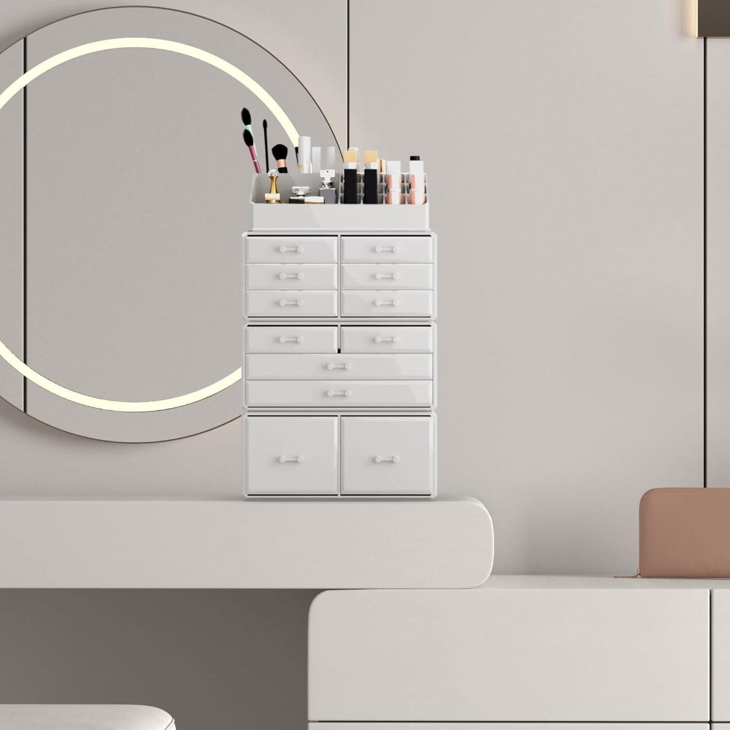 Stylish White Makeup Organizer with 12 Drawers - Perfect for Cosmetics Storage and Display