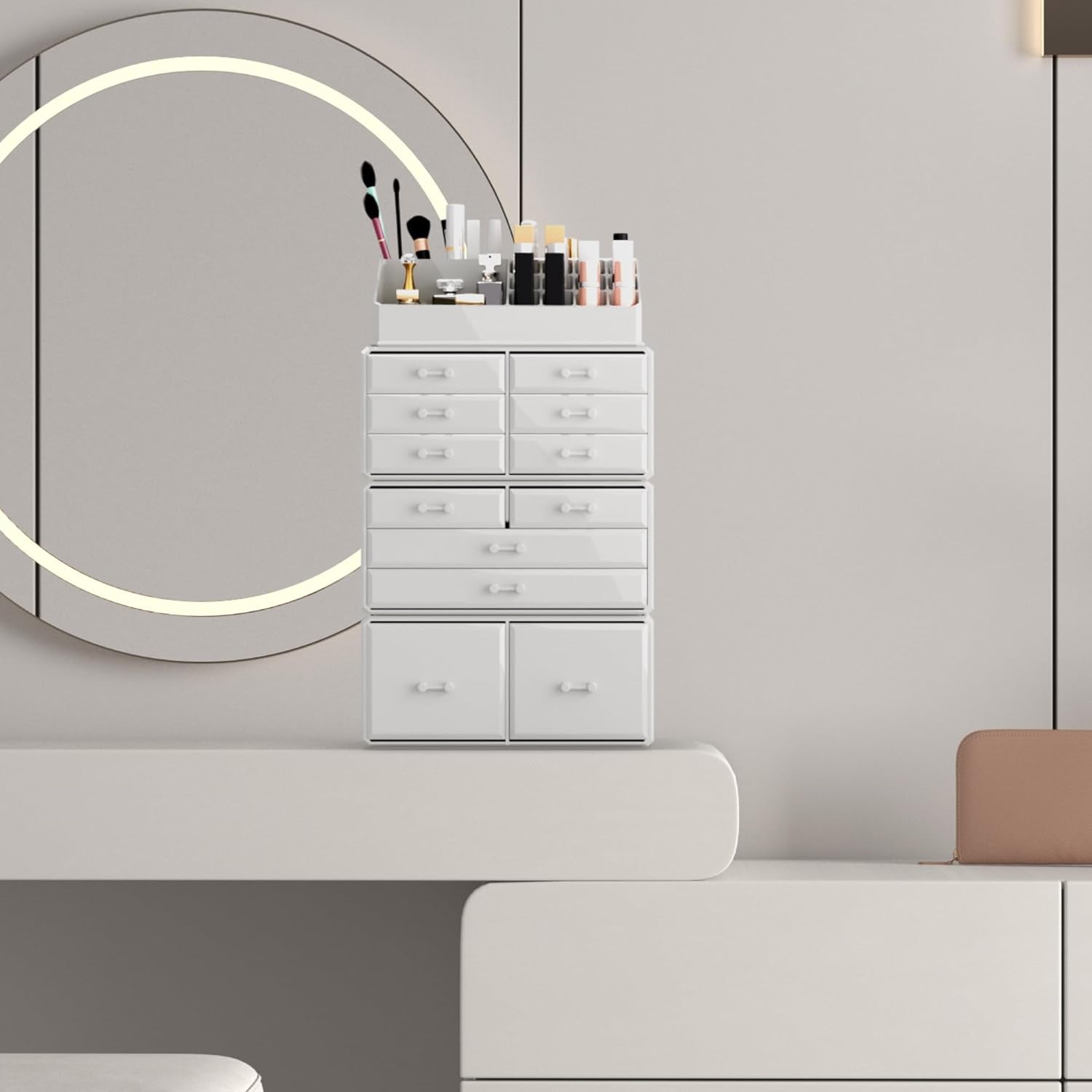 Stylish White Makeup Organizer with 12 Drawers - Perfect for Cosmetics Storage and Display